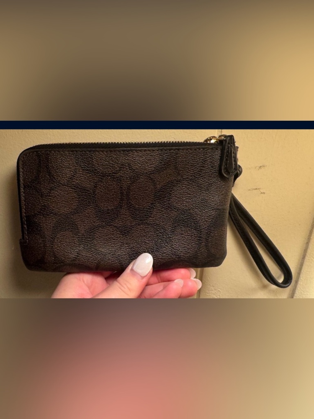 Coach Brown and Black Signature Zip Wristlet with Gold Logo - Picture 2 of 3